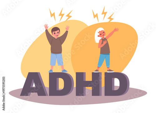 Child hyperactivity. Developmental disorders, high excitability, attention deficit disorder banner, educational support with emotional stress, kids behavior vector cartoon isolated concept