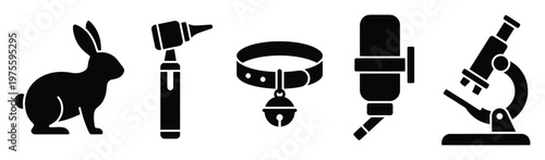 Veterinary and pet care icon set displaying a rabbit, ear scope, animal collar with bell, water feeder, and microscope, perfect for health and science themed projects.