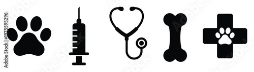 Essential veterinary care symbols like a paw print, syringe, stethoscope, bone, and medical cross, perfect for pet health services, animal clinic branding, and educational content creation.