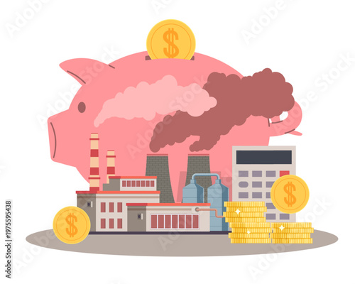Calculation of financial losses of enterprise. Environmental damage, harmful emissions, piggy bank with factory, industrial economy, business cost management vector cartoon isolated concept