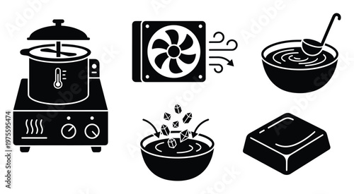 Essential kitchen and cooking process glyphs featuring a heated pot, an air fan, a bowl of soup, adding ingredients, and a solid food block, perfect for recipe guides or appliance manuals
