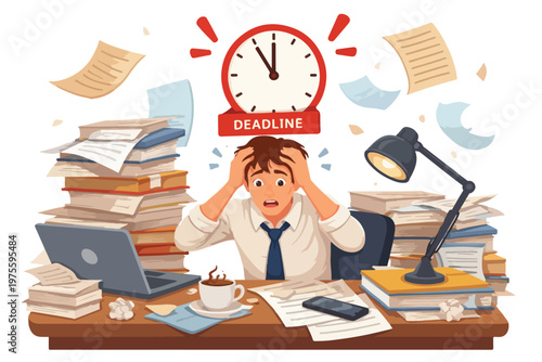 Stressed Worker Rushing to Meet Deadline Flat Illustration
