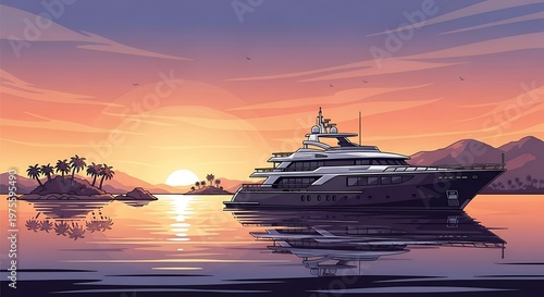 Yacht at sunset sea.