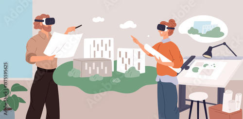 Architect shows project. Construction in augmented reality, designers in vr glasses working on residential complex, project virtual reality visualization garish vector cartoon flat concept