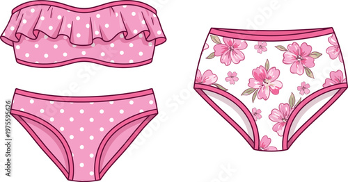 Girl, swimwear, set, with, pink, polka, dot, bikini, and, floral, pattern, panties, isolated, vector, illustration