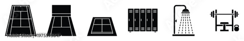 Sports and fitness facility icons set featuring tennis courts, lockers, shower, and weightlifting equipment for gym brochures, wellness apps, or athletic club advertisements