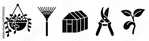 A collection of essential gardening silhouette icons depicting a hanging plant, a garden rake, a greenhouse, pruning shears, and a new sprout, ideal for agricultural designs and