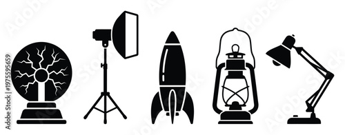 Compelling visual set of scientific and domestic devices including a captivating plasma ball, versatile studio lighting equipment, sleek rocket, rustic kerosene lantern, and functional desk