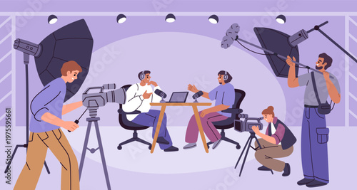 Video movie production process. Filming an interview in studio broadcasting, recording transmission, sound engineer and cameraman, professional media garish vector cartoon isolated concept