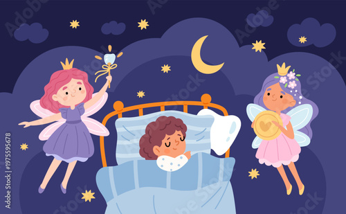 Tooth fairies with sleep child. Princesses with wings flying, golden coin and magic wand, kids myth, cartoon pretty girls bedtime, childhood fantasy garish vector cartoon isolated concept