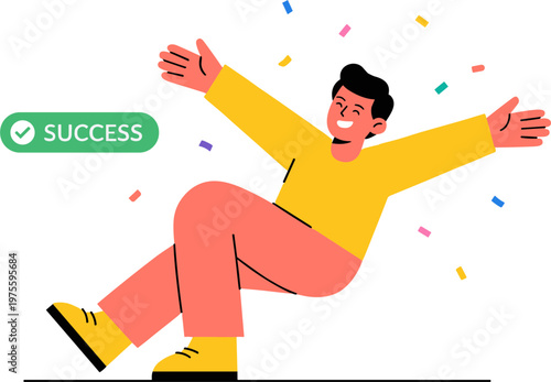 Man celebrates success with arms outstretched in joyful moment with confetti
