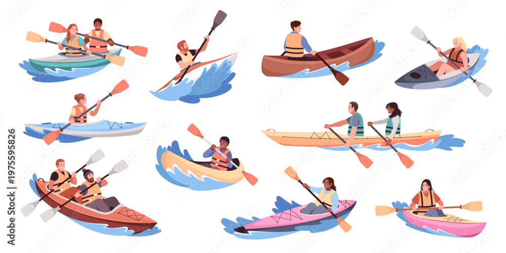 Naklejka premium River rafting people. Extreme water sport, kayaks with paddles, racing athletes wearing life jackets, person on canoes, outdoor recreation and adventures tidy vector cartoon isolated set