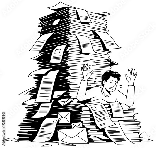 Overwhelmed businessman buried under huge stack of paperwork