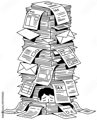 Overwhelmed person buried under huge stack of paperwork and bills