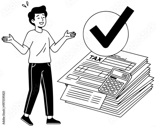 Confused businessman reviewing tax documents with checklist