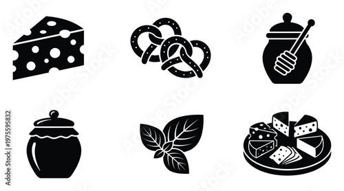 Collection of black and white food icons featuring cheese wedges, pretzels, honey pot, jam jar, and basil leaves perfect for culinary themed graphic designs and menu illustrations