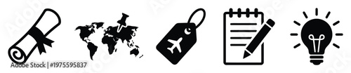 Comprehensive set of icons symbolizing education, world travel, strategic planning, and innovative ideas useful for business, academic, and personal development projects.