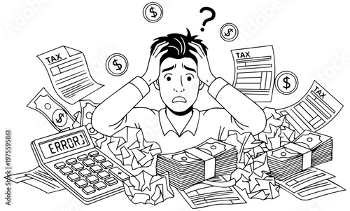 Frustrated businessman struggling with tax errors and financial stress