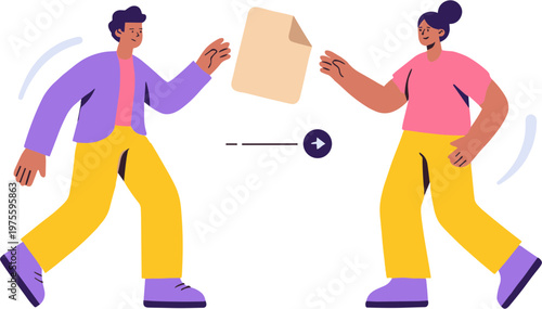 Two people playfully tossing a paper document in an office setting indoors