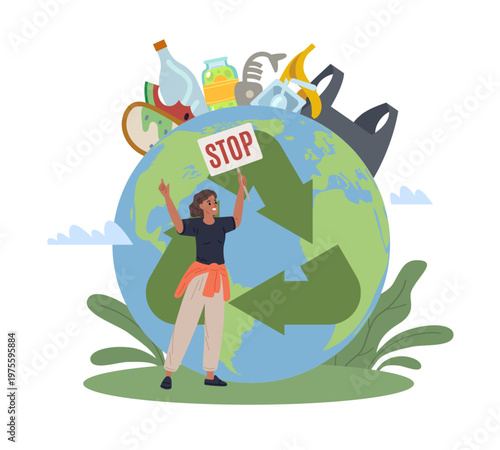 Pollution of planet. Environmental problem, climate change, plastic trash and disposable, volunteer woman hold stop sign banner, recycling, waste reduction vector cartoon isolated concept