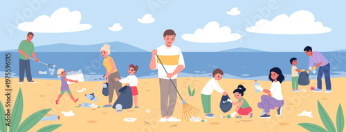 Parents with children collect beach garbage. Funny volunteers clean coastline of plastic and debris, trash sorting cleanup activity, environmental care, classy vector cartoon flat concept