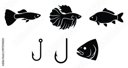 Vector silhouettes of guppy, betta, and carp fish species along with fishing hooks and a fish head, perfect for fishing sports, aquarium design, or seafood packaging.
