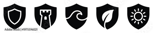 Collection of black shield icons representing security, protection, nature, and environmental safety perfect for app interfaces, warning labels, or web graphical elements