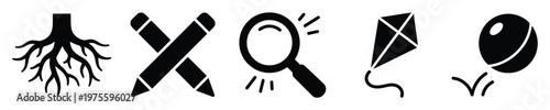 Black silhouette icons depicting tree roots crossed pencils magnifying glass kite and bouncing ball ideal for web graphics and educational applications
