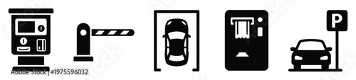 Parking management system icons for various infrastructure elements like payment machines, entry barriers, and vehicle parking spaces, ideal for modern transportation and urban planning