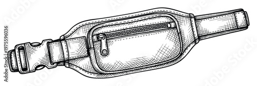 Detailed drawing of a practical fanny pack or waist bag featuring a secure zippered compartment and adjustable buckle strap, ideal for outdoor guides, sportswear promotions, or travel