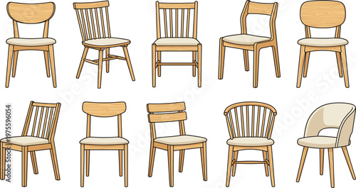 Wooden, chair, collection, with, various, modern, mid, century, dining, seat, designs, isolated, vector, illustration