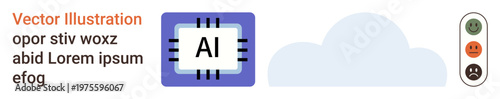 Technology, data processing, cloud computing, artificial intelligence, user feedback, machine learning. Illustration of an AI chip with a cloud and feedback icons. Technology and data processing