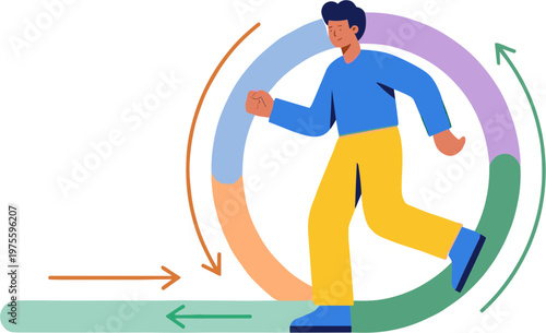 A man runs around a circular path with arrows indicating motion.