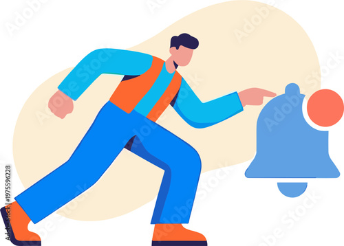 Man running towards a large blue bell with orange accents and hitting it.