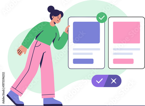 Woman interacts with mobile app design interface on screen