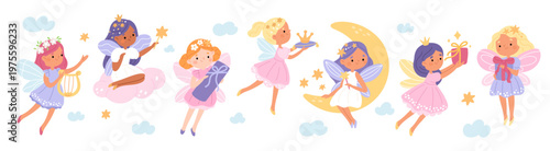Magical fairies. Little girls characters, children with wings hold gifts, harp, crown, cute fairy costumes, fantasy princesses flying in clouds and stars, garish vector cartoon isolated set