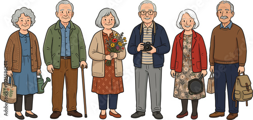 Happy, elderly, people, set, with, senior, characters, engaged, in, various, hobbies, isolated, vector, illustration