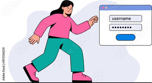 Woman runs towards login form on computer screen with username field.