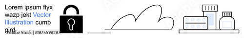 Cybersecurity, online data protection, healthcare, secure storage, medicine safety, digital safety. A lock, cloud shape and medical supplies are . Cybersecurity and healthcare safety