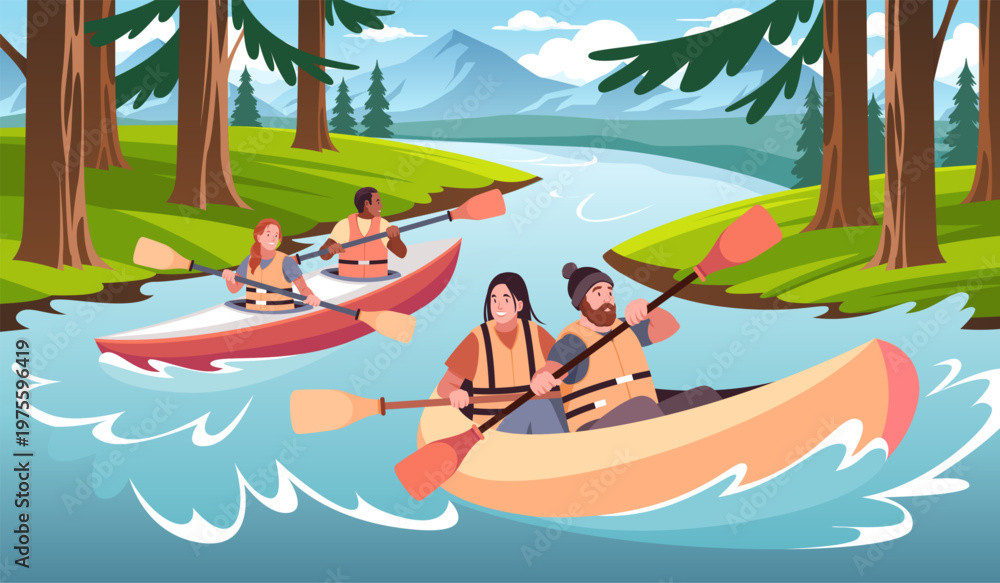 Fototapeta premium Kayaking people. Friends rafting on river in canoe with paddles, water sports, summer forest landscape active family outdoor recreation, group rowing, tidy vector cartoon isolated concept