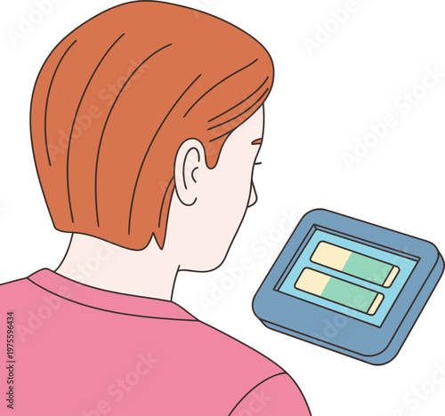 A young adult observes rainwater smart meter data on a digital display. Clean, modern illustration with a focus on technology and environmental awareness.