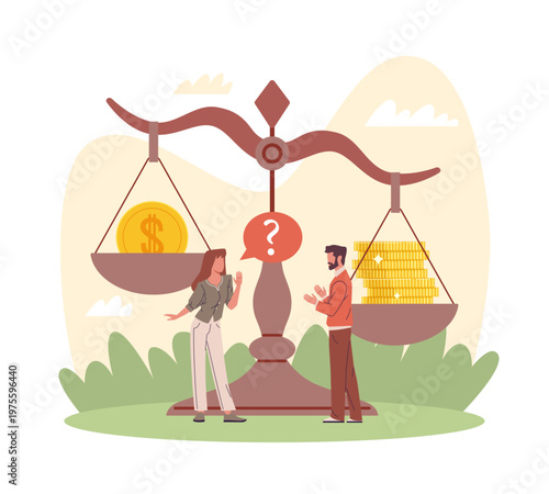 Gender discrimination. Sexism, gender roles and stereotypes at work, inequality, fairness issues in employment and salary, man and woman near pay scales vector cartoon isolated concept