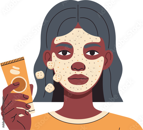 A young woman applies a face scrub, showcasing an exfoliation routine. Clean, modern illustration with a bright, inviting aesthetic. Perfect for beauty and skincare content.