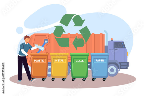 Garbage sorting and recycling. Household waste collection, trash transportation, resource recovery and sustainable waste management, environment ecology vector cartoon isolated concept