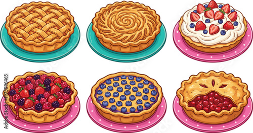 Pie, and, tart, collection, with, cherry, blueberry, strawberry, and, lattice, crust, isolated, vector, illustration, set
