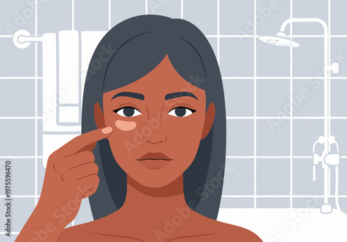 A young woman applies eye cream in a bathroom setting. Clean, modern illustration showcasing an eye care routine. Focus on skincare and healthy beauty.