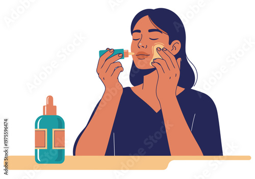 A young woman applies gold serum to her face, showcasing radiant skincare. Clean, modern illustration with a focus on beauty and wellness. Perfect for skincare product promotion.