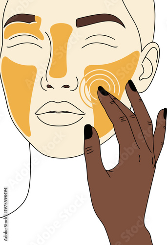 A woman applies skincare, focusing on cheek massage.  Warm, radiant tones highlight skin elasticity.  Modern, minimalist illustration.  Focus on touch and glow.