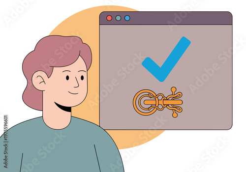 A smiling young woman celebrates coding success with a checkmark and qubit icon. Modern, digital illustration. Bright, clean design.