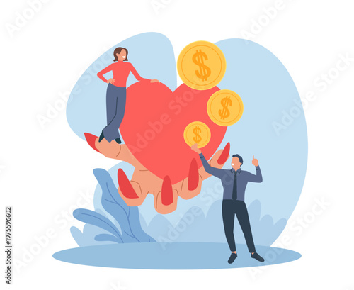 Feelings of calculation. Love for money, woman sells her heart for gold coins, commercialism in romantic relationships, financial expectations. Vector cartoon isolated concept